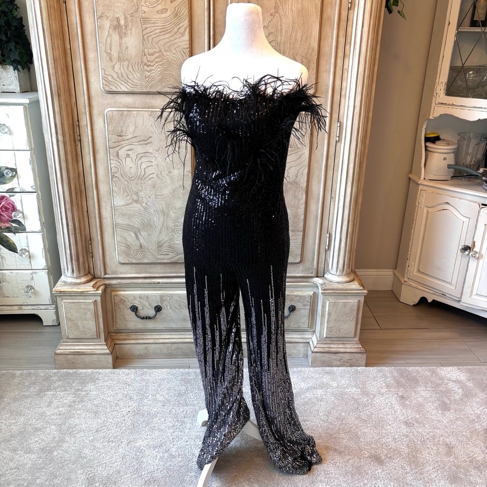 NEW Black Jumpsuit, Silver Jumpsuit, Romper, Black Sequins, Feathers, NWOT, XLG